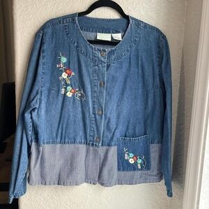 Women XL Vintage Embroidered Denim Jacket Floral Button Down Pocket Cottage
